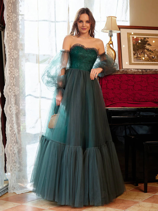 A-Line/Princess Tulle Sweetheart Long Prom Dresses