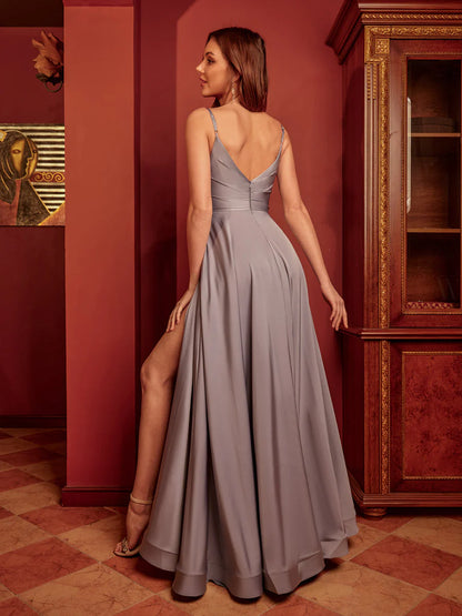 A-Line/Princess Spaghetti Straps Split Side Long Prom Dresses With Pockets