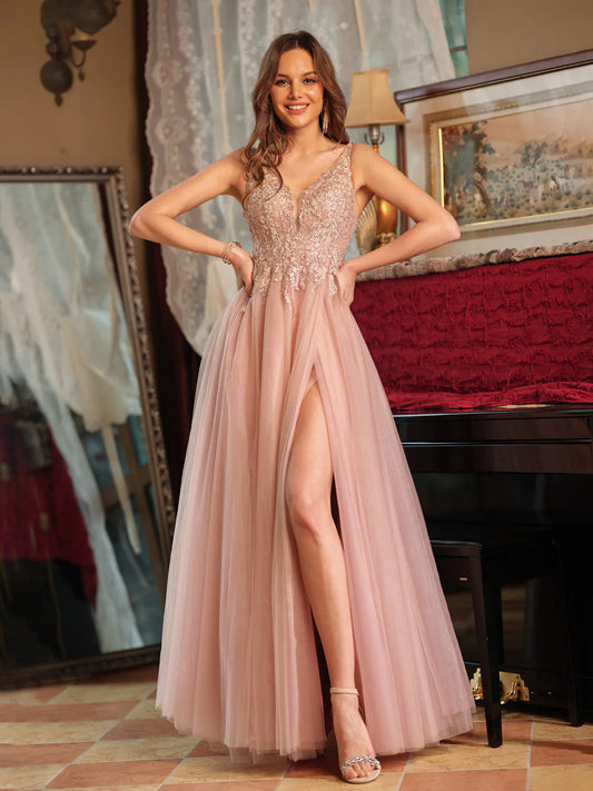 A-Line/Princess V-Neck Tulle Split Side Applique Long Prom Dresses