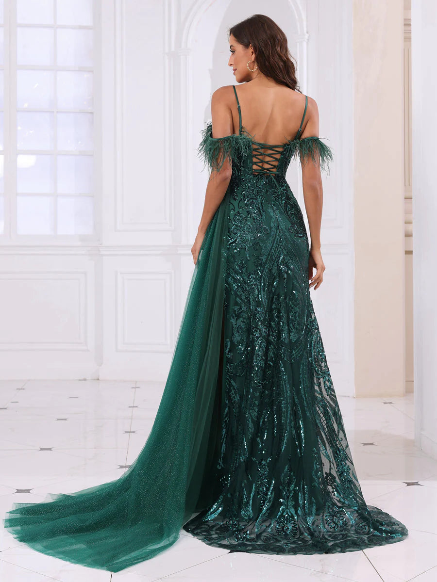 A-Line/Princess Spaghetti Straps Long Prom Dresses With Feather