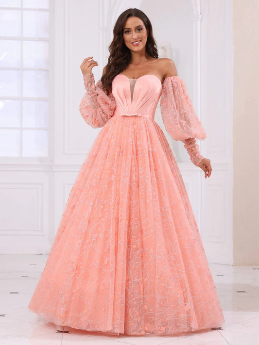 A-Line/Princess Sweetheart Long Prom Dresses With Detachable Sleeves