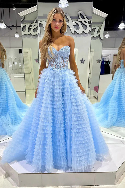 Light Blue Sweetheart Tiered Tulle Long Prom Dresses with Appliques