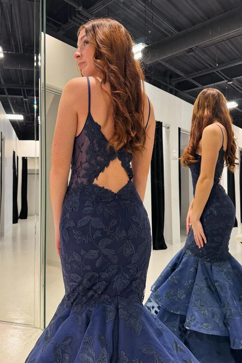 Navy Blue V Neck Mermaid Long Prom Dresses with Appliques