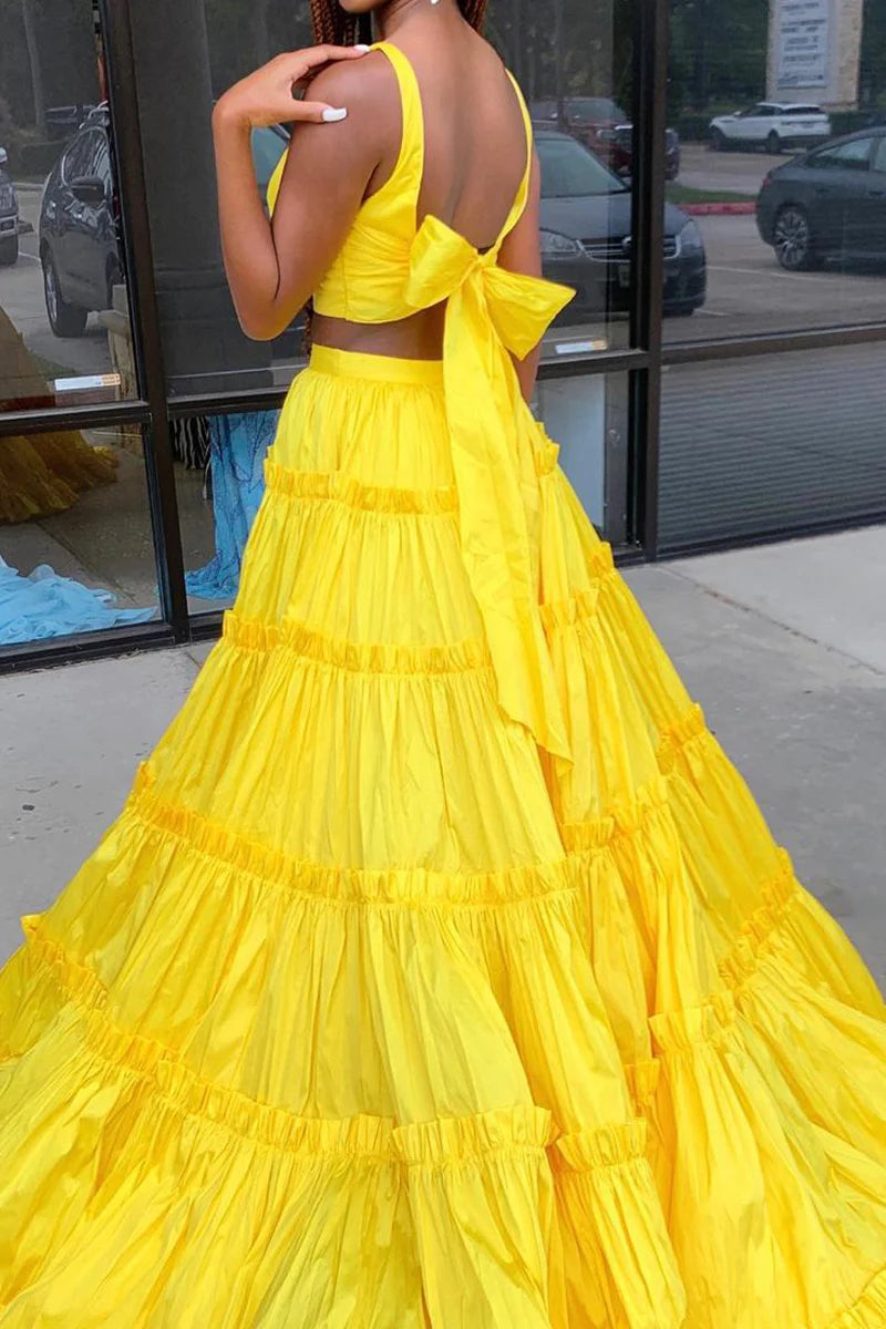 Yellow Two Piece Satin Long Prom Dress with Bow Tie