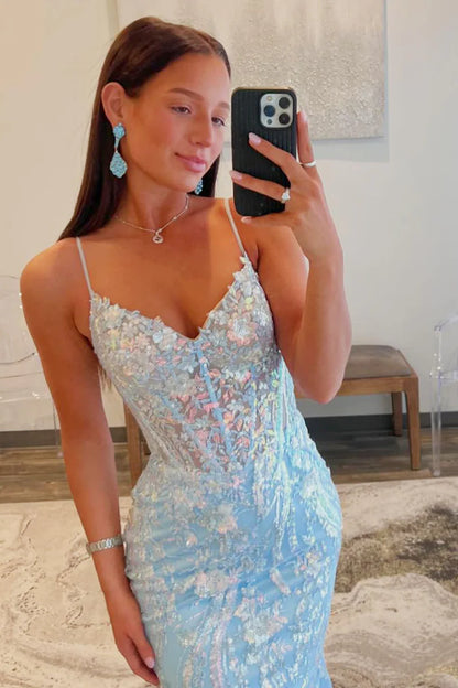 Light Blue Sequins Appliques V Neck Long Prom Dresses