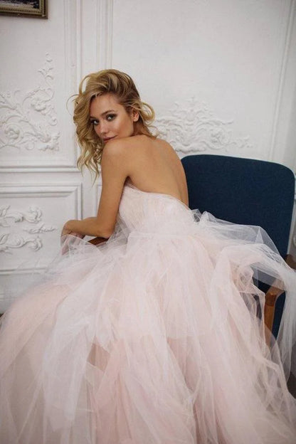 A Line Sweetheart Backless Strapless Tulle Long Elegant Wedding Dresses