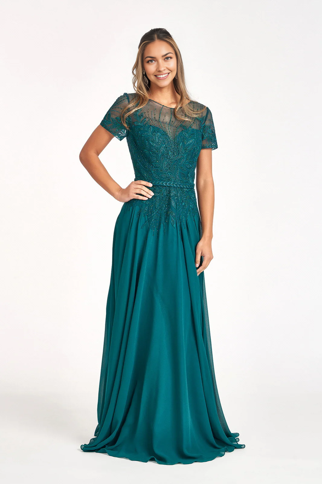 Embroidered Short Sleeve Gown Chiffon Mother of the Bride Dresse