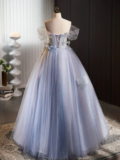 Glitter A-Line Off Shoulder Tulle Flower Quinceanera Dress Blue Long Prom Dress