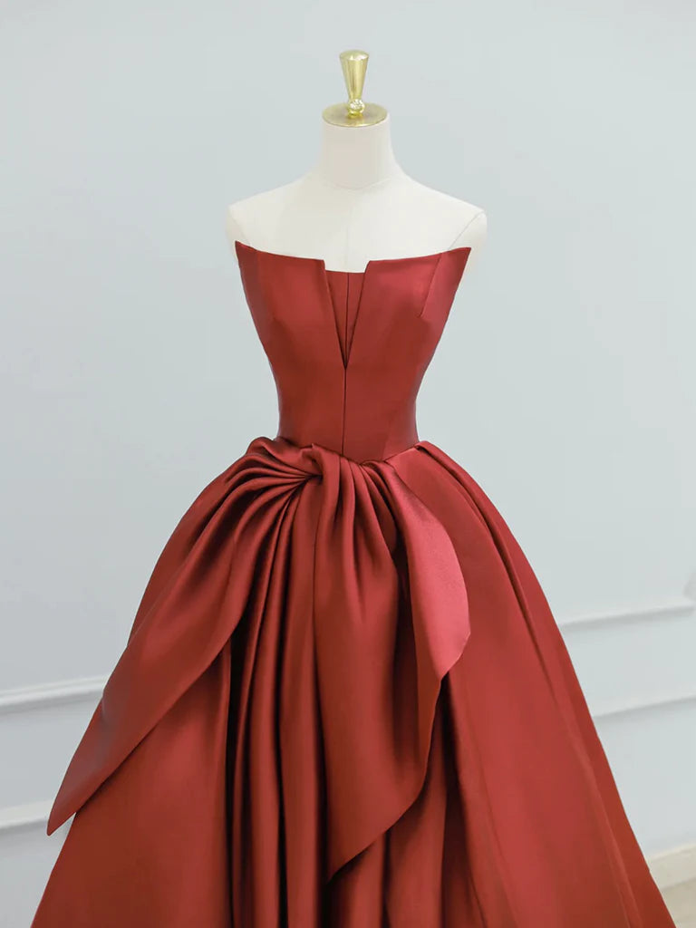 A-Line Satin Burgundy Long Strapless Prom Dress Ball Gown