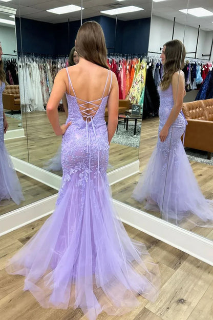 Lilac Tulle Lace V Neck Mermaid Long Prom Dresses