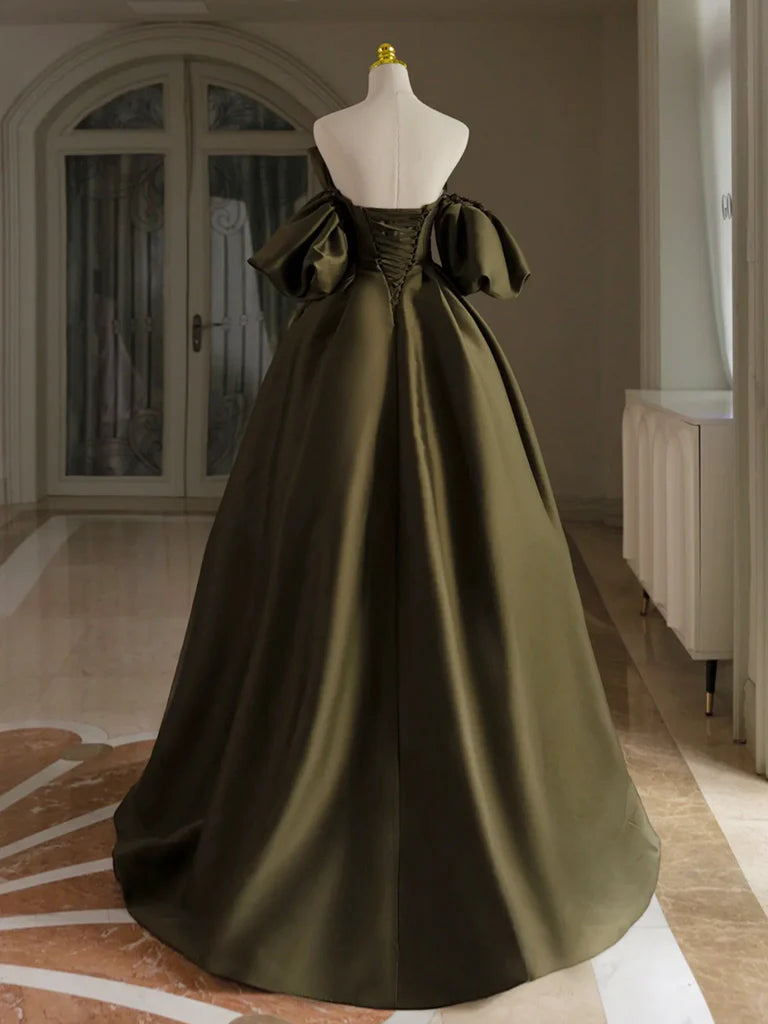 Olive Green A-Line Puff Sleeves Satin Long Prom Dress Evening Dress