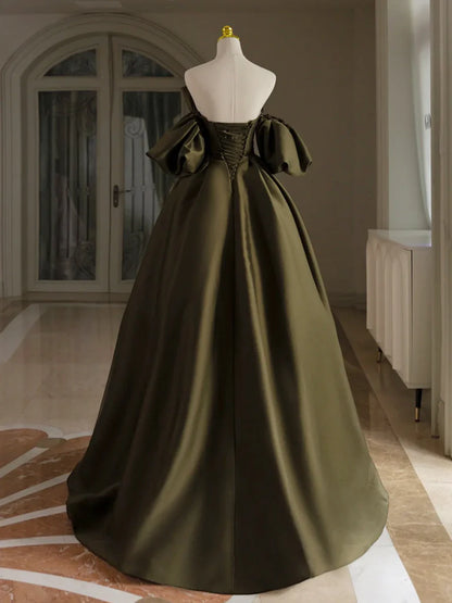 Olive Green A-Line Puff Sleeves Satin Long Prom Dress Evening Dress