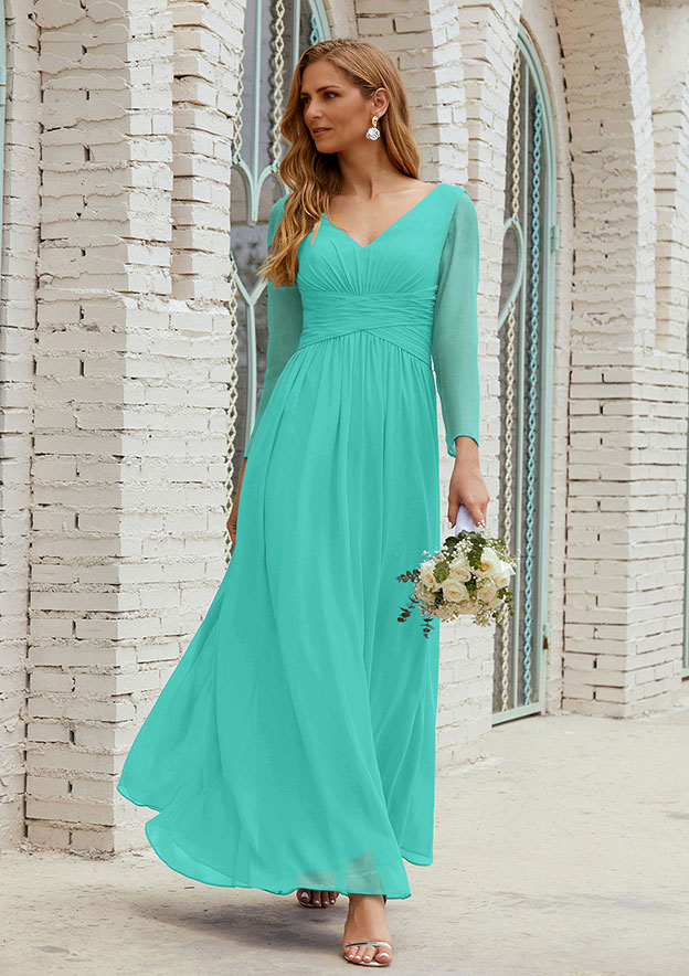 A-line V Neck Full/Long Sleeve Ankle-Length Chiffon Mother of the Bride Dress With Pleated