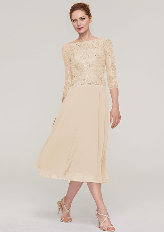 A-line/Princess Bateau 3/4 Sleeve Tea-Length Chiffon Mother of the Bride Dress With Beading Lace