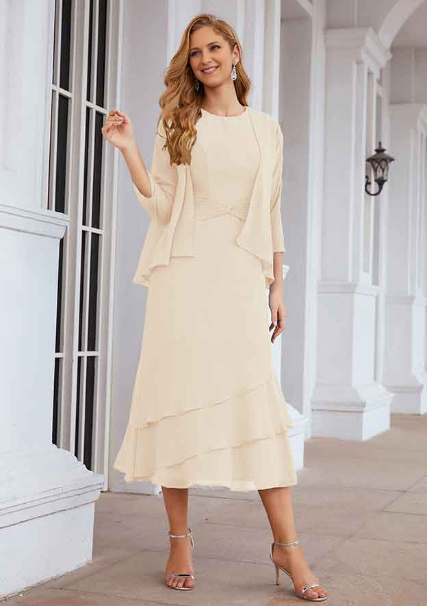 A-line Bateau Tea-Length Chiffon Mother of the Bride Dress With Pleated and Jacket