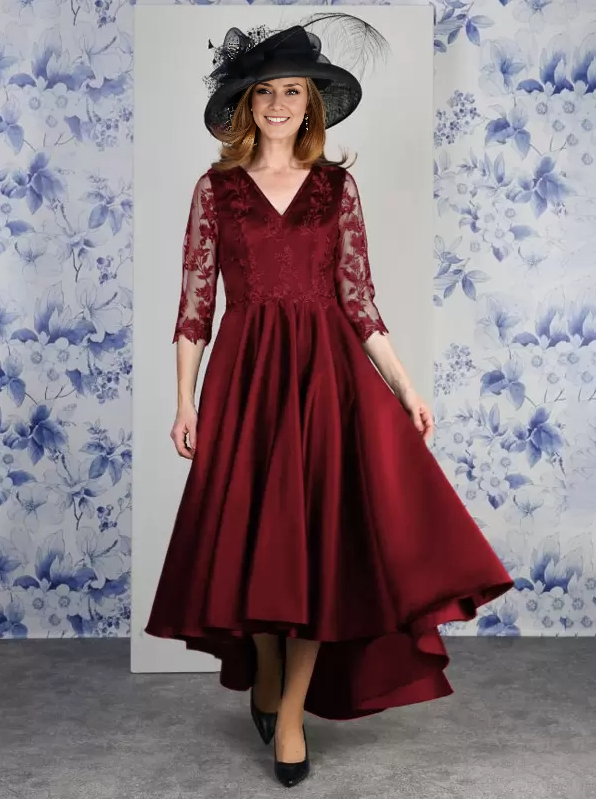 V-Neck 3/4 Length Sleeves A-Line Lace Tea-Length Wedding Guest Dresses Mother of the Bride Dresse