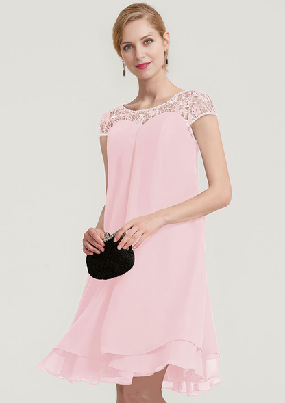 A-line/Princess Bateau Short Sleeve Knee-Length Chiffon Mother of the Bride Dress With Beading Ruffles