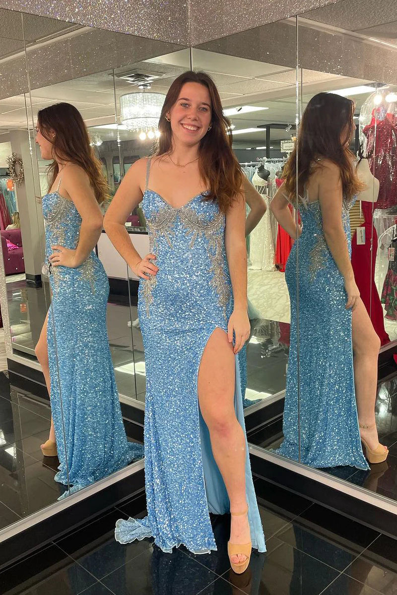 Blue Sweetheart Sequins Mermaid Long Prom Dresses with Slit