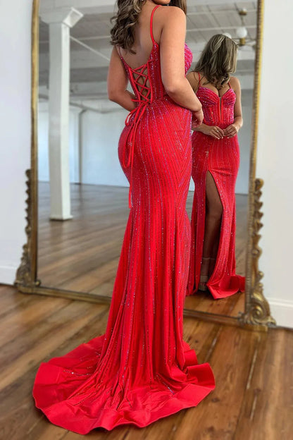 Sparkly Red Beaded Corset Long Prom Dress with Slit