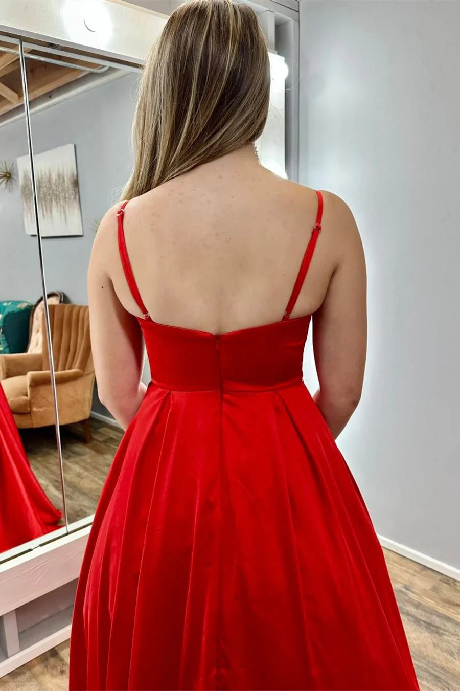 Red Cowl Neck Spaghetti Strap A-Line Long Prom Dress