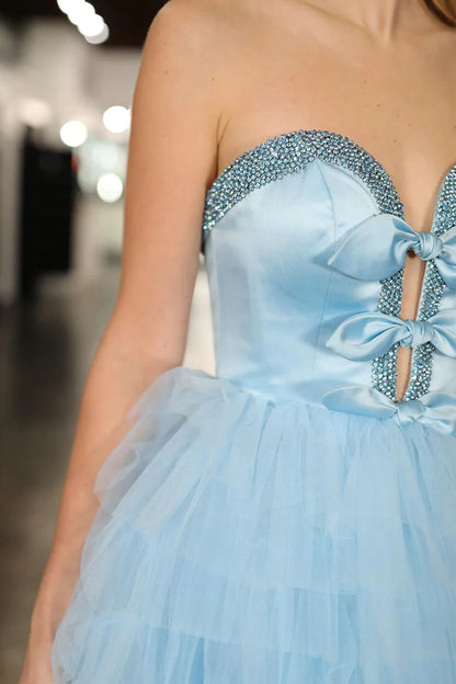 Light Blue Sweetheart Tiered Tulle Long Prom Dresses