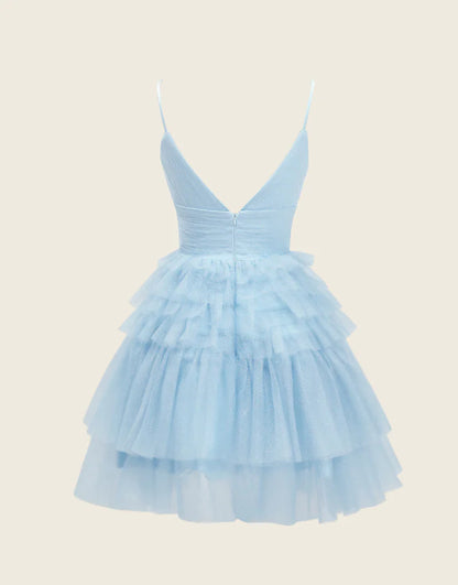 Cute A-Line Deep V Neck Tulle Tiered Homecoming Dress