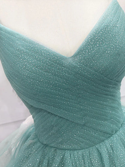 Sparkling Quinceanera Dress V Neck Tulle Long Prom Dress Green Sweet Dress