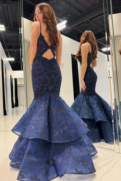 Navy Blue V Neck Mermaid Long Prom Dresses with Appliques