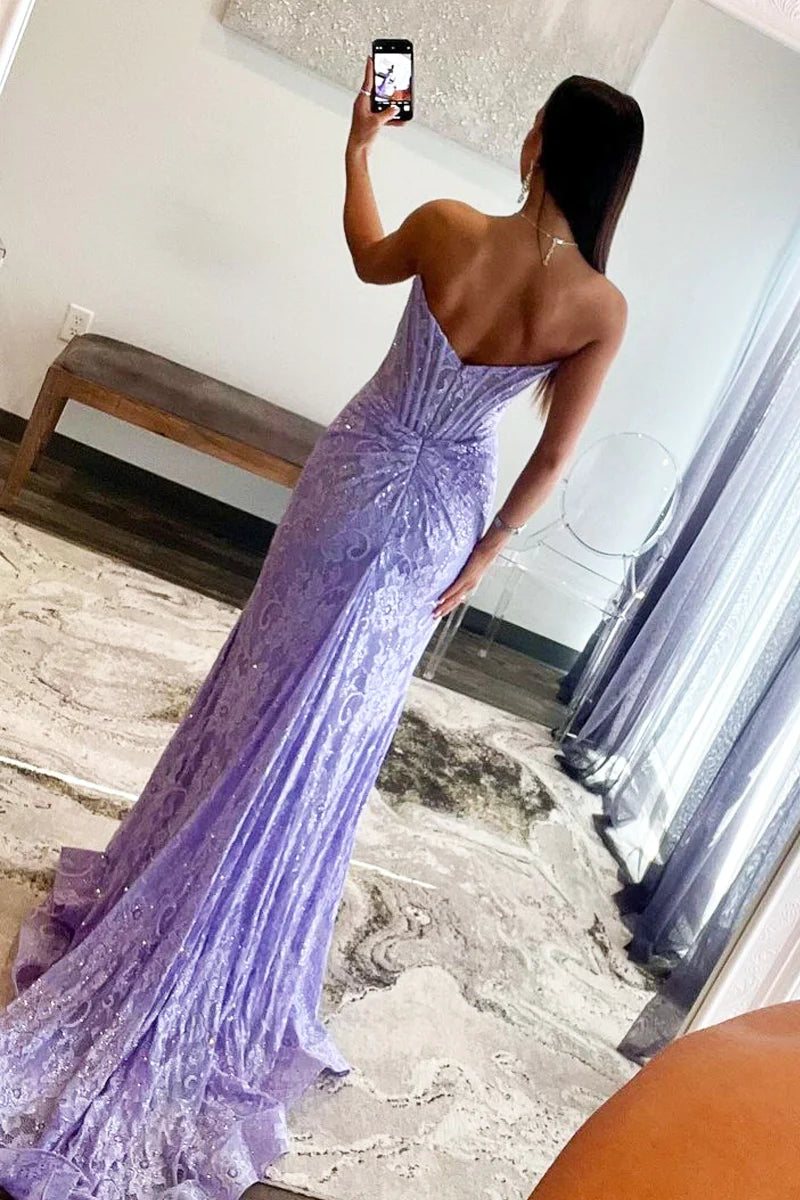 Lavender Lace Strapless Mermaid Long Prom Dresses with Slit