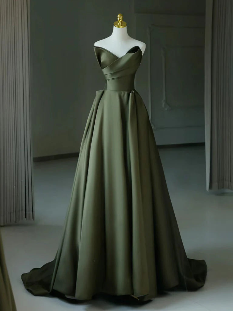 A-Line V Neck Satin Green Long Prom Dress Court Train Dresses