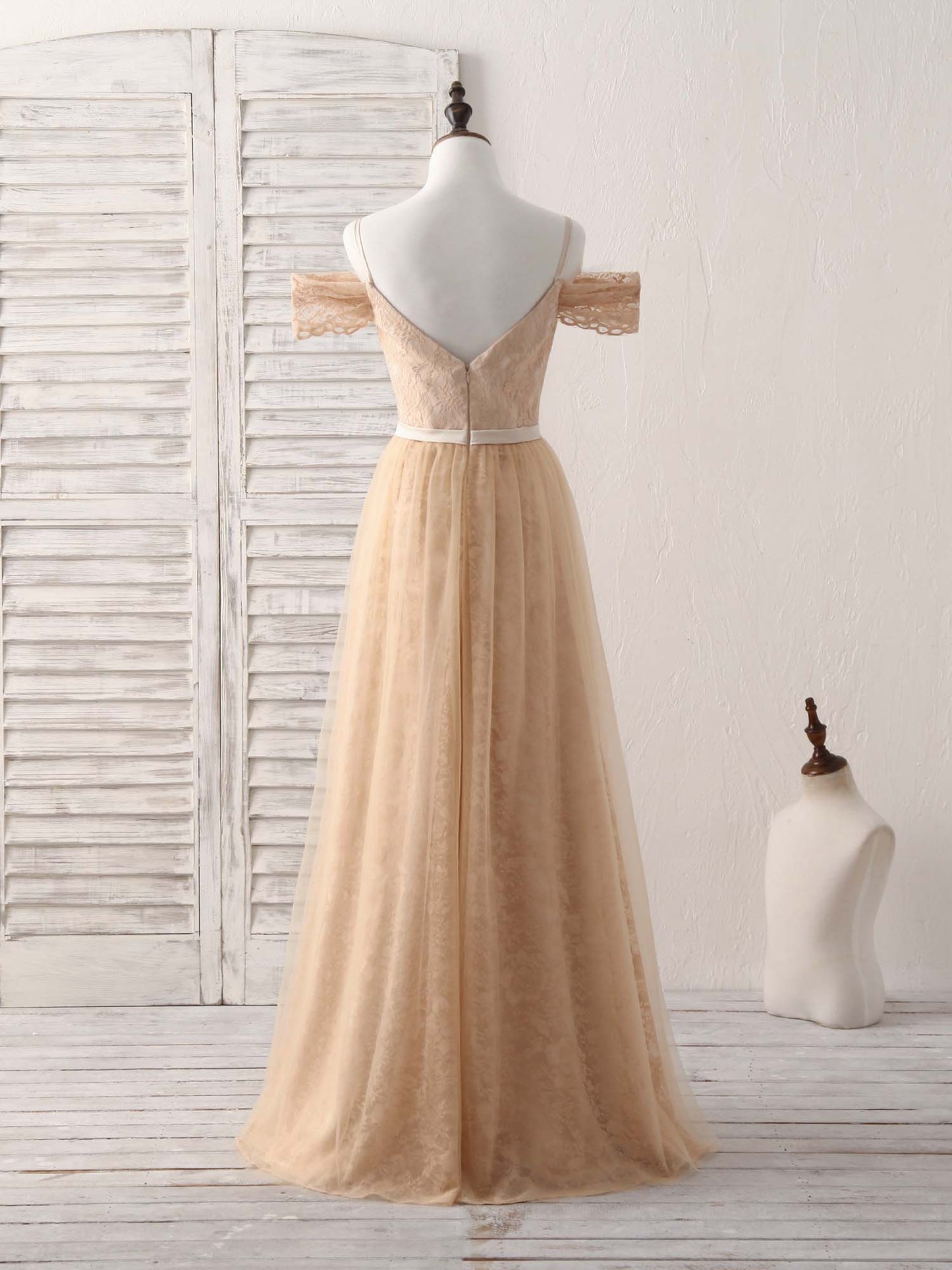 Champagne Tulle Lace Bridesmaid Dress Off Shoulder Floor-length Prom Dresses