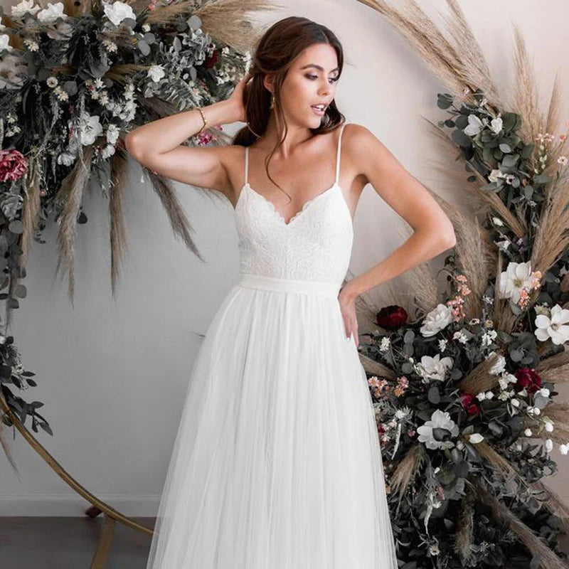 Smiple Tulle Sweetheart Wedding Dresses With Lace Appliques Beach Bride Gown