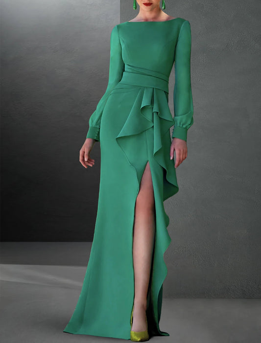 A-Line Evening Gown Party Dress Sweep / Brush Train Long Sleeve Jewel Neck Stretch Chiffon with Ruffles Slit