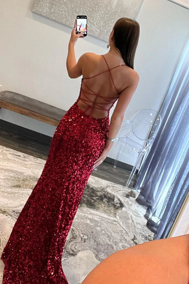 Red Sequin Scoop Neck Long Prom Dresses with Slit