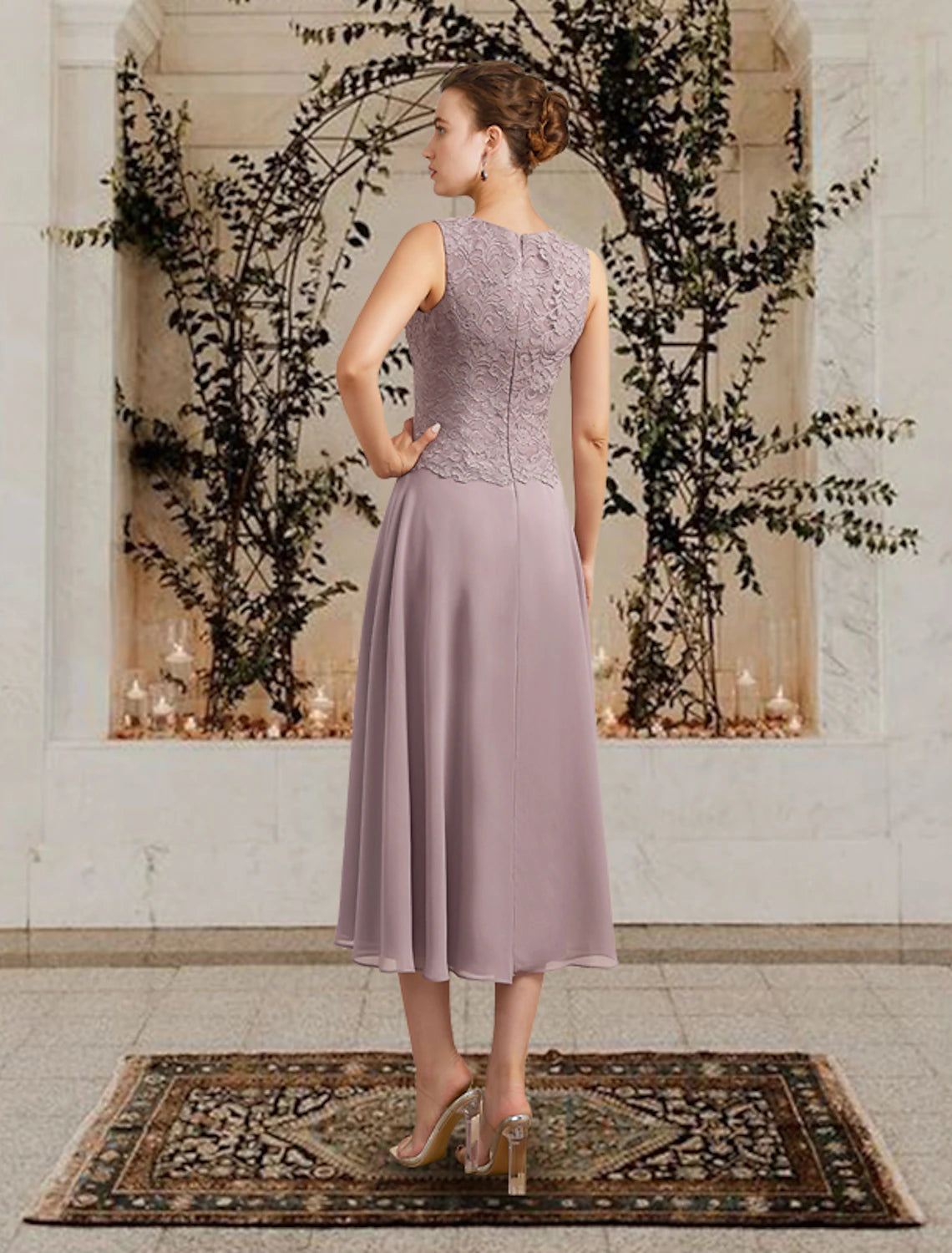 Two Piece Church Elegant Jewel Neck Mother of the Bride Dress Floor Length Tea Length Chiffon Lace with Ruffles Appliques