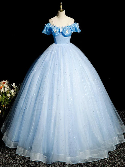 Glitter A-Line Off Shoulder Tulle Quinceanera Dress Blue Long Prom Dress