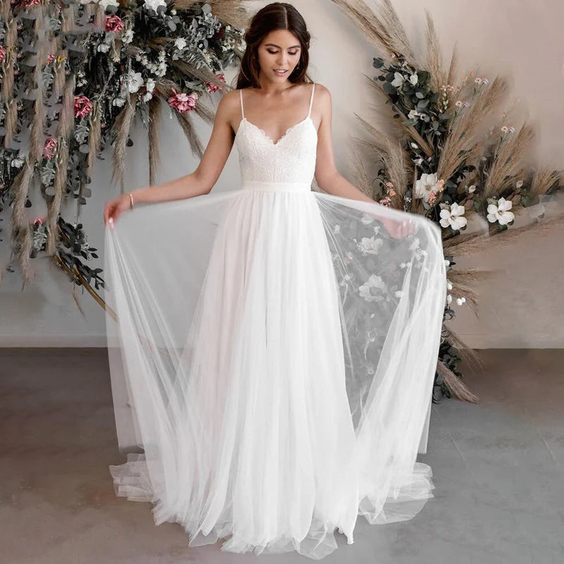 Smiple Tulle Sweetheart Wedding Dresses With Lace Appliques Beach Bride Gown