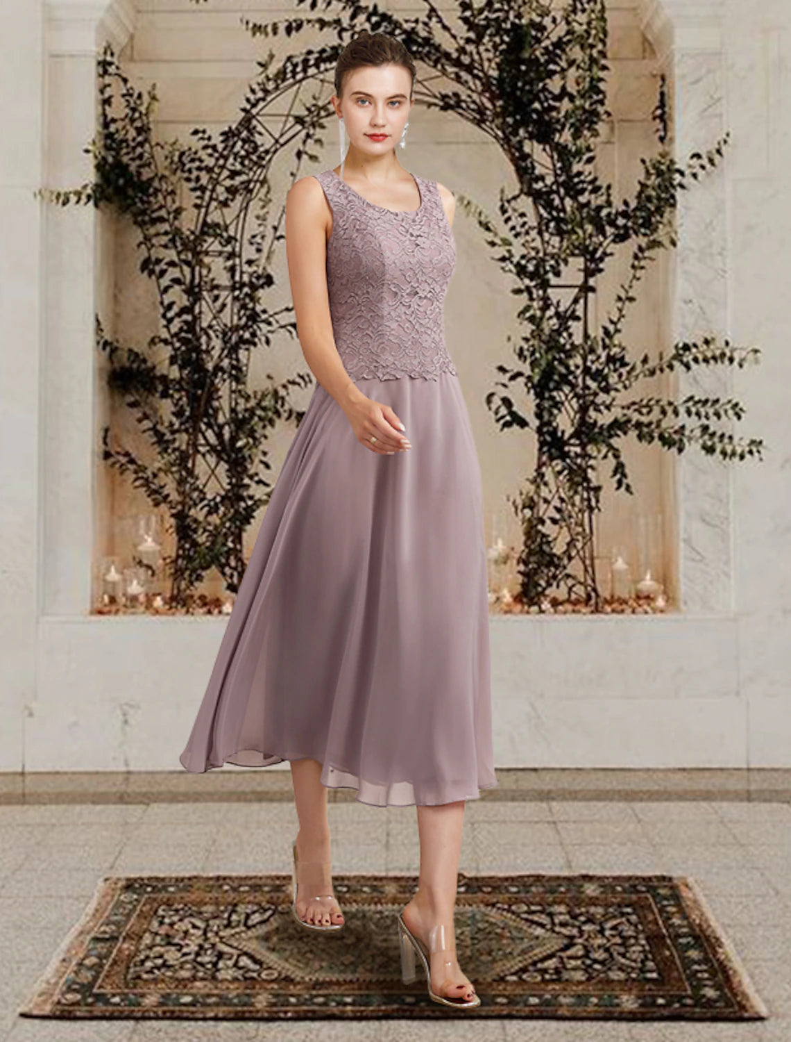 Two Piece Church Elegant Jewel Neck Mother of the Bride Dress Floor Length Tea Length Chiffon Lace with Ruffles Appliques