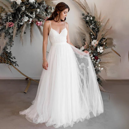 Smiple Tulle Sweetheart Wedding Dresses With Lace Appliques Beach Bride Gown