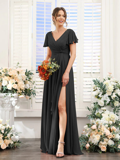 A-Line V-Neck Short Sleeves Split Side Chiffon Bridesmaid Dresses