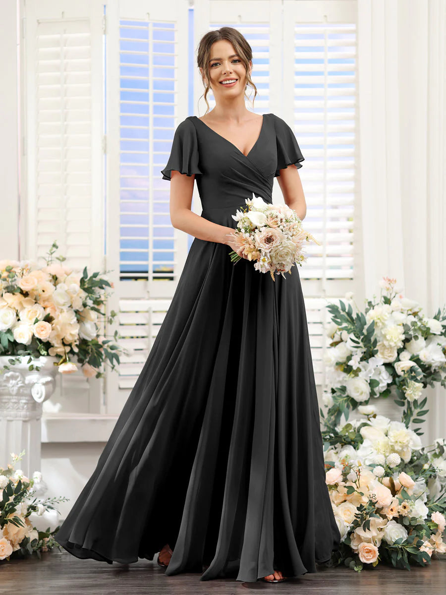 A-Line V-Neck Short Sleeves Split Side Ruched Chiffon Bridesmaid Dresses