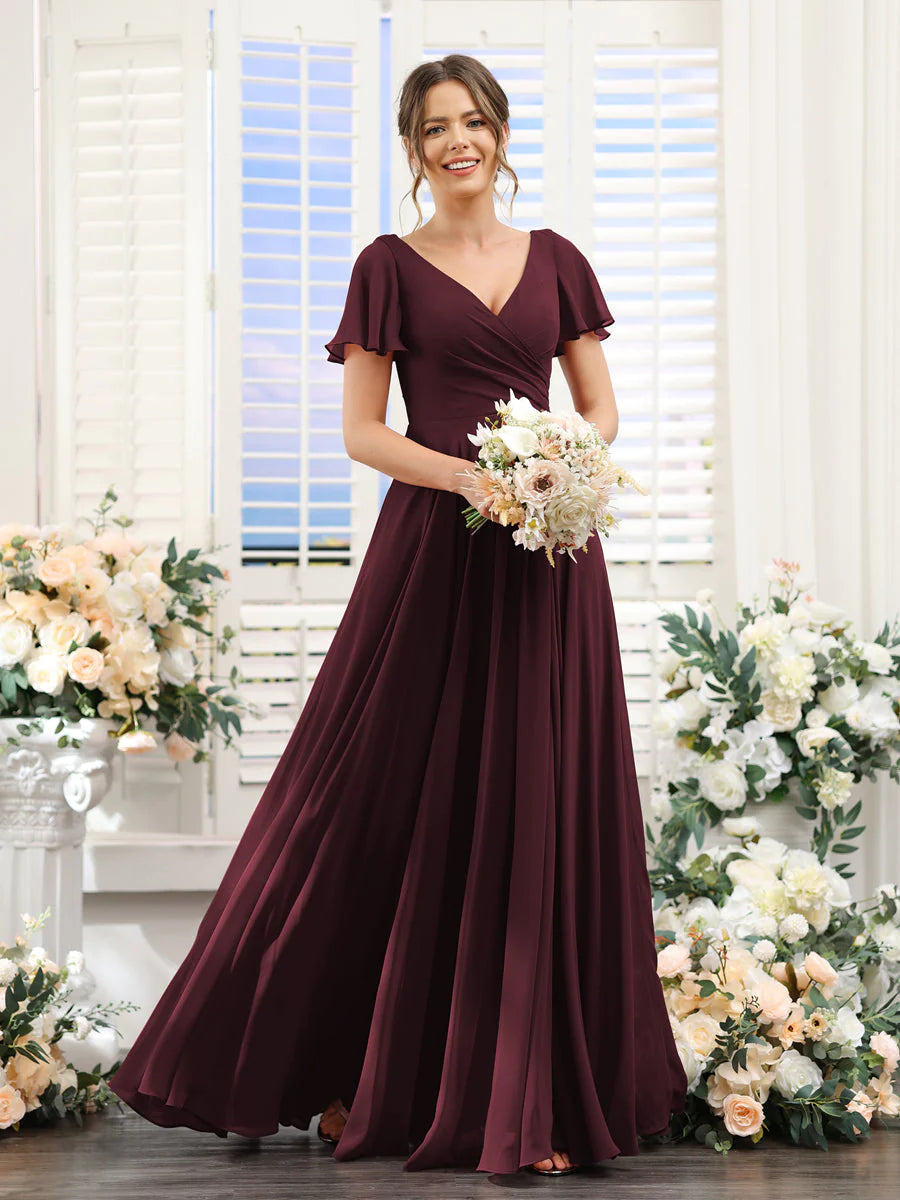 A-Line V-Neck Short Sleeves Split Side Ruched Chiffon Bridesmaid Dresses