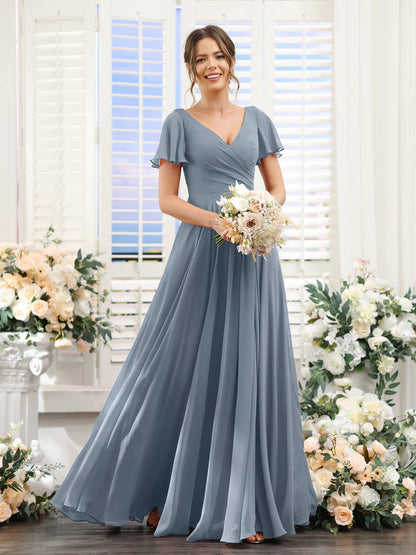 A-Line V-Neck Short Sleeves Split Side Ruched Chiffon Bridesmaid Dresses