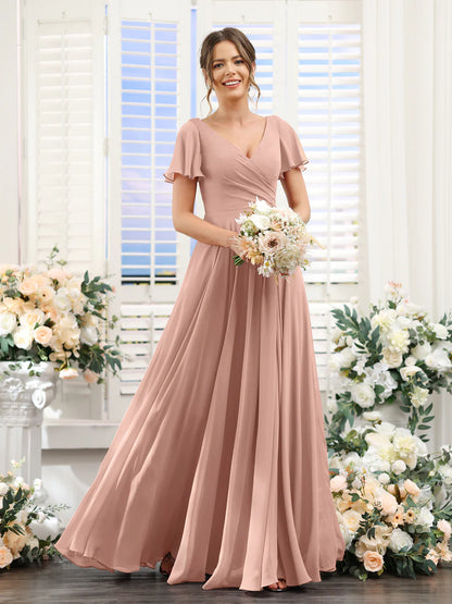 A-Line V-Neck Short Sleeves Split Side Ruched Chiffon Bridesmaid Dresses