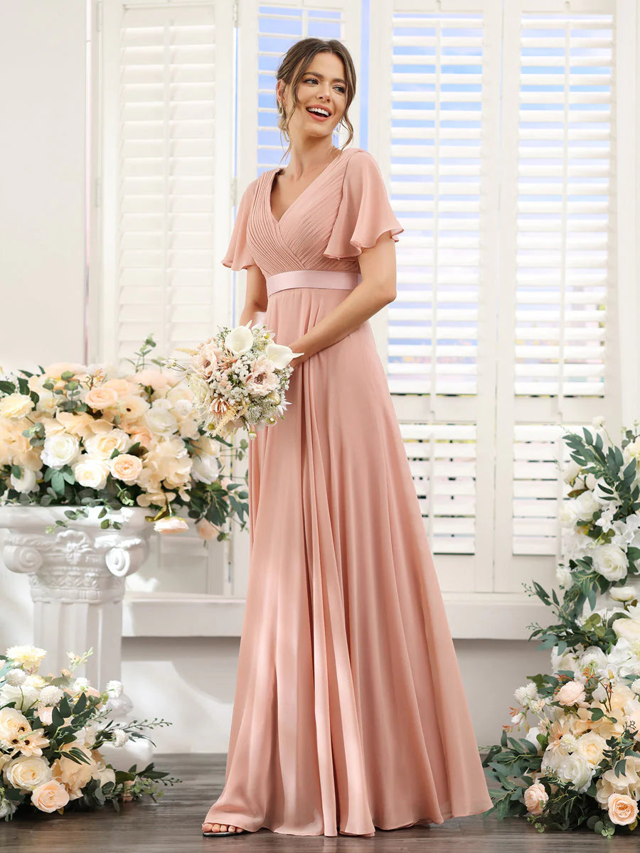 A-Line V-Neck Short Sleeves Chiffon Bridesmaid Dresses With Pockets