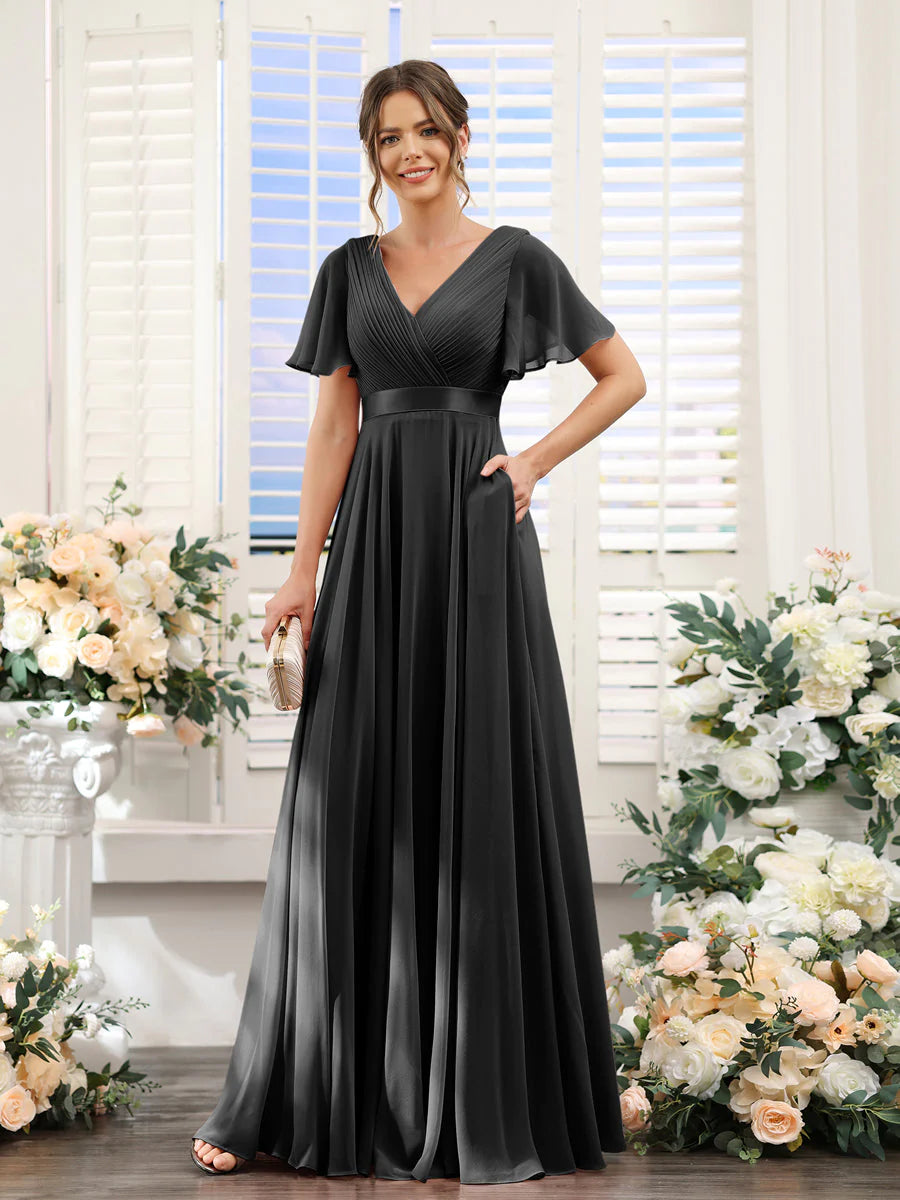 A-Line V-Neck Short Sleeves Chiffon Bridesmaid Dresses With Pockets