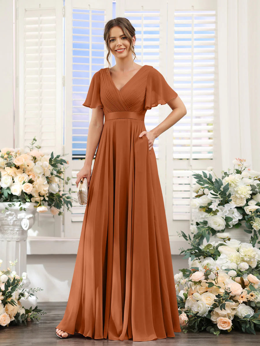 A-Line V-Neck Short Sleeves Chiffon Bridesmaid Dresses With Pockets