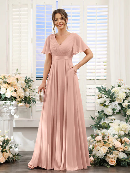 A-Line V-Neck Short Sleeves Chiffon Bridesmaid Dresses With Pockets