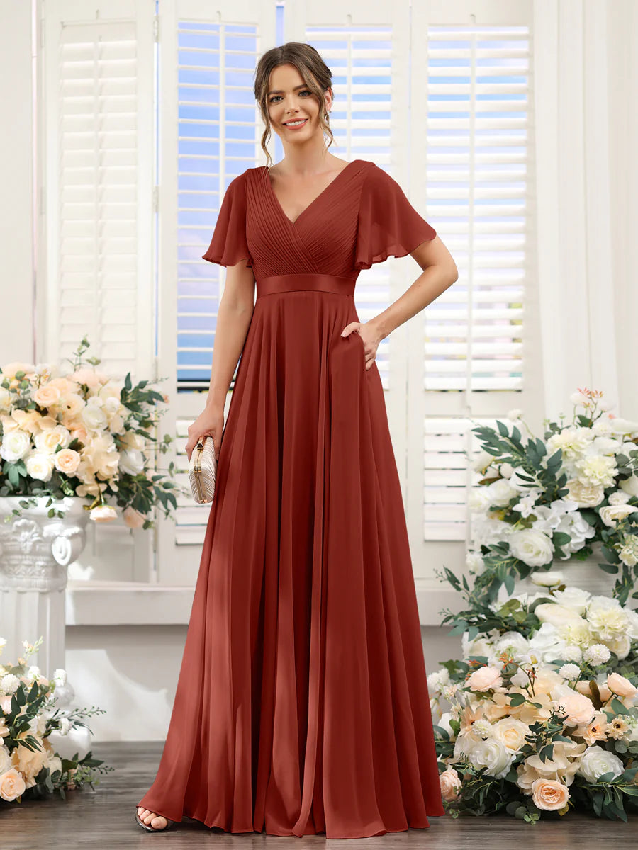 A-Line V-Neck Short Sleeves Chiffon Bridesmaid Dresses With Pockets