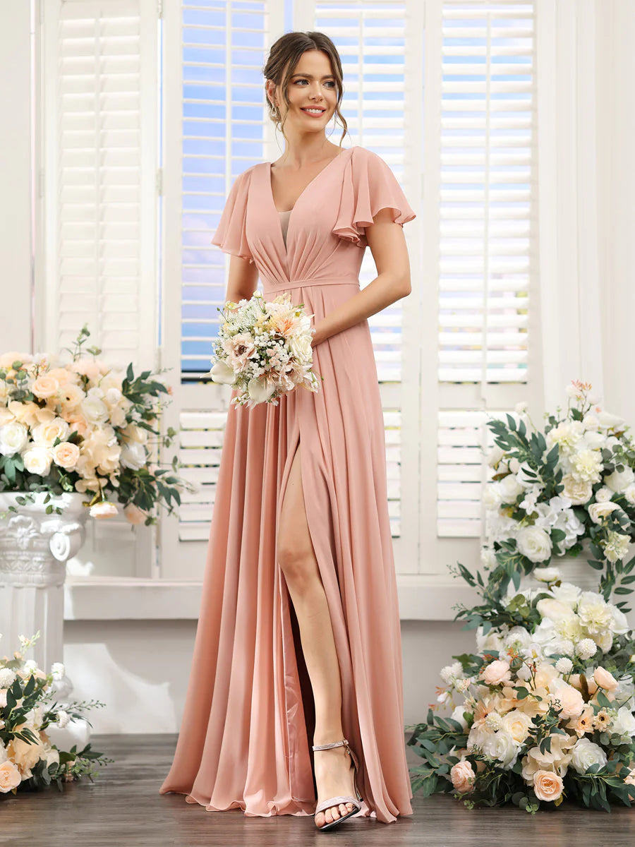 A-Line Deep V-Neck Short Sleeves Split Side Chiffon Bridesmaid Dresses